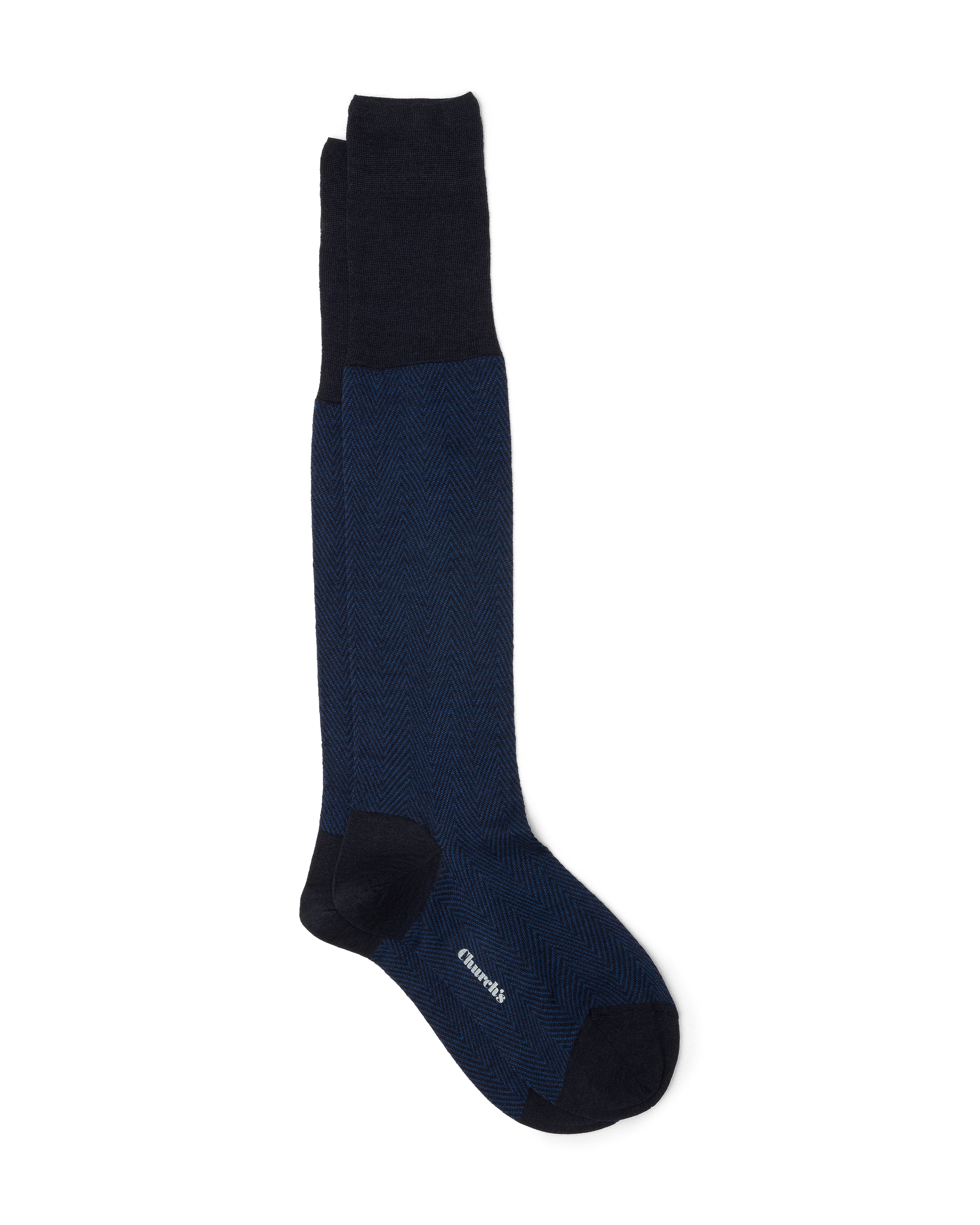 Church Herringbone Wool Long Socks, Man, Navy, Size 10