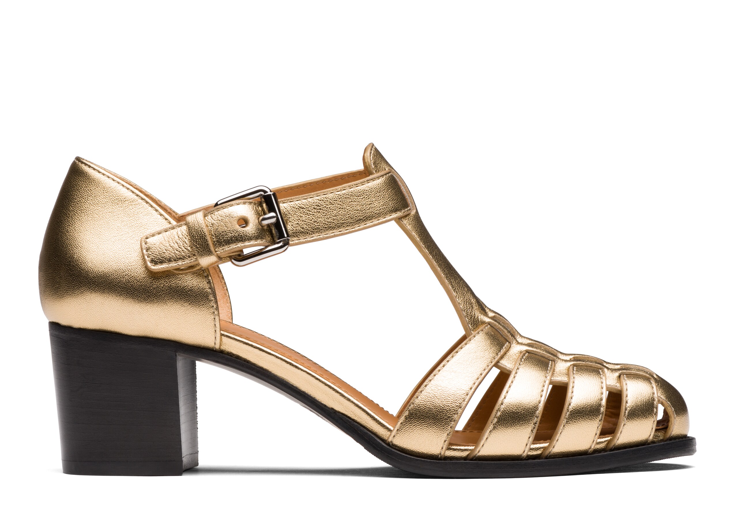gold mid heel sandal