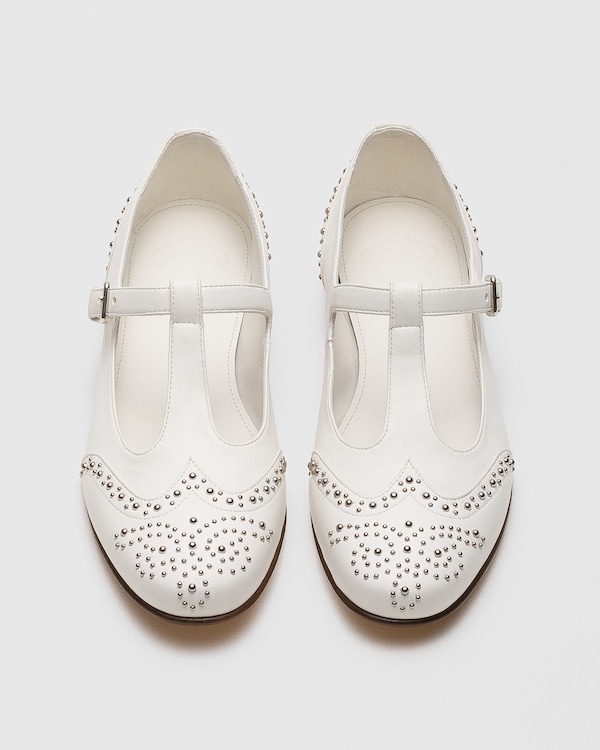Nappa Mary Jane Ballet Flat with Studs Ivory